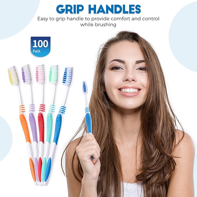 100 Pieces Individually Wrapped Toothbrushes Manual Disposable Travel Toothbrush Medium Soft Bristle Tooth Brush Travel Toothbrushes for Hotel, Guest, Adults, Kids, Multi Color