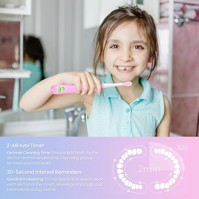 YUNCHI K5 Kids Electric Toothbrush Rechargeable with Waterproof Stickers, 3 Modes with 2 Minutes Timer, Toddler Children Sonic Toothbrush for Girls Ages 3-12, 4 Replacement Heads Soft Bristles, Pink
