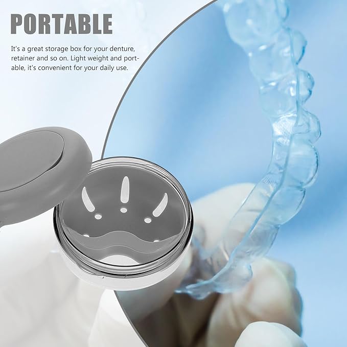 Retainer Case with Mirror and Denture Bath Cup Gray Plastic Orthotic Storage Box Portable Mouth Guard Holder for Travel and Daily Oral Care