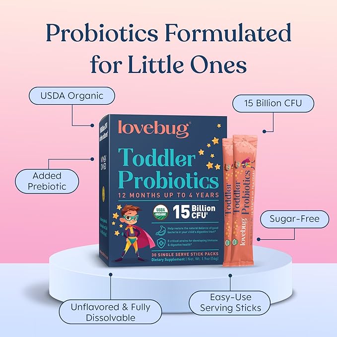 LOVEBUG Kids Probiotic Powder with Prebiotic Fiber - Toddler Immunity Support & Constipation Relief - USDA Organic Probiotics for Childrens Gut & Digestive Health (Ages 1-4) - 60 Pack (Unflavoured)