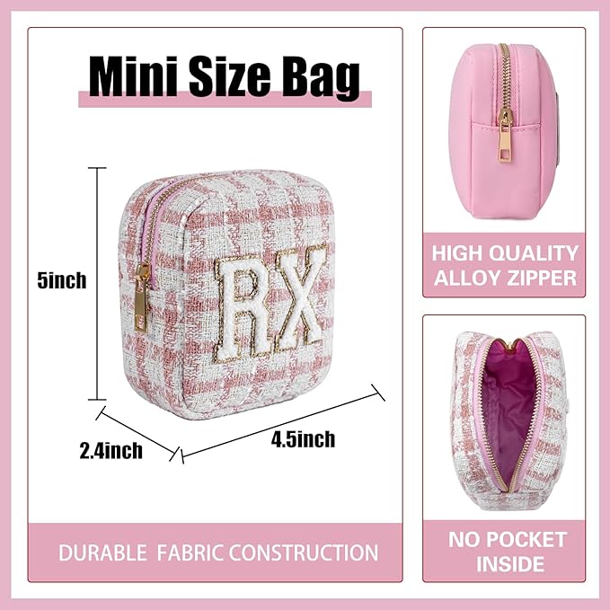 uekeboag Personalized Small Checkered Medicine Cosmetic Bag, Cute Plaid Pattern Chenille Letter Patch RX Drug Pouch with Zipper, Makeup Travel Gift Bag for Women and Girls (08 Pink Checkered)