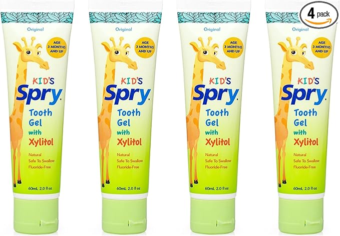 Spry Natural Xylitol Toothpaste for Baby, Toddler and Kids Age 3 Months and Up - Fluoride Free Tooth Gel, Tasty, Support Development of Emerging Teeth, Original 2 Fl Oz (Pack of 4)