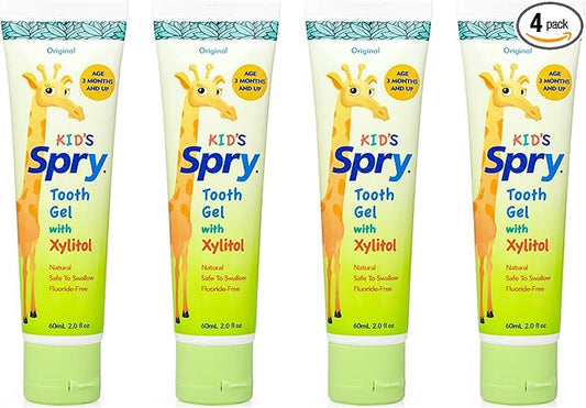 Spry Natural Xylitol Toothpaste for Baby, Toddler and Kids Age 3 Months and Up - Fluoride Free Tooth Gel, Tasty, Support Development of Emerging Teeth, Original 2 Fl Oz (Pack of 4)