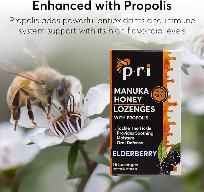 P.R.I Manuka Honey Lozenges with Propolis, Soothing Cough and Throat Drops, MGO 300+ Certified, (Elderberry, 16 Count)