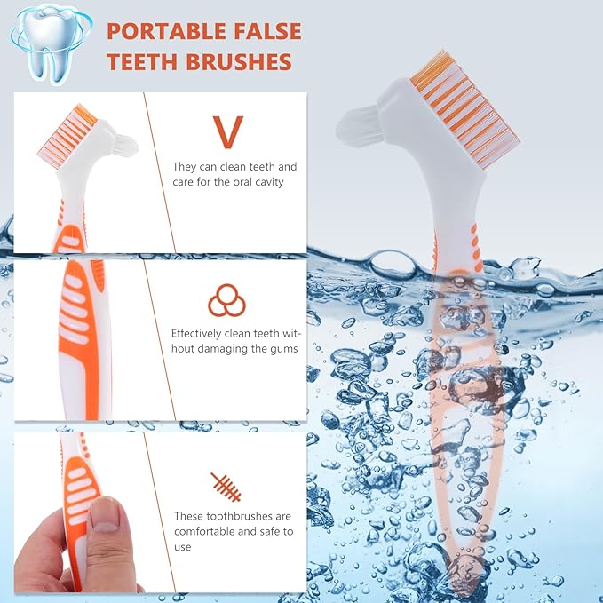 Healifty Portable Double-Ended Denture Cleaning Tools with Multi-Layer Bristles for Effective False Teeth and Oral Care Brushes 6.5 Inch Travel-Friendly