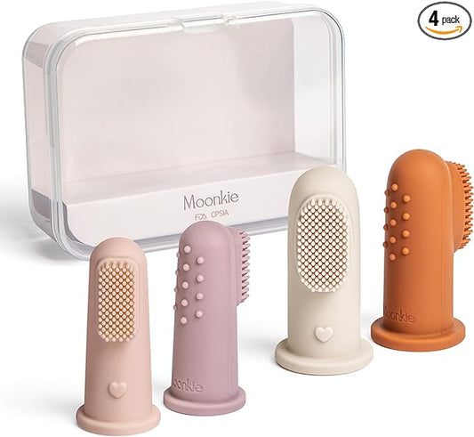 Moonkie Baby Toothbrush Finger Toothbrush Oral Cleaner Kit for 3 Months +, 4 Pcs Small (Blush/Pale Mauve)/Large (Clay/Ivory)