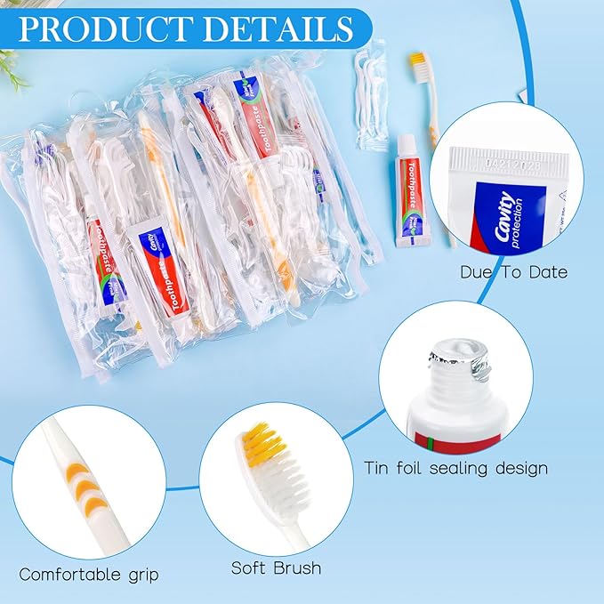 HOIQIRY Disposable Toothbrushes with Toothpaste Set - Pack of 25,Individually Wrapped Personal Hygiene Kits in Bulk 5-in-1 Travel Size Convenience Kits for Hotel,Camping,Guest,Homeless,Charity,Church