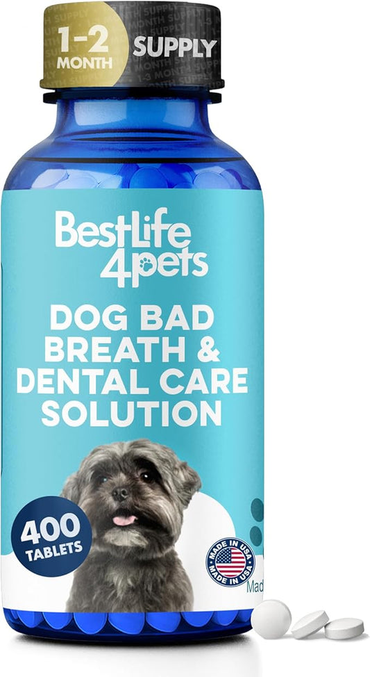 Dog Bad Breath & Dental Care Solution, Supports Canine Oral Health, Relieves Stinky Breath, Tooth Pain, Red Swollen Gums, Helps Reduce Plaque and Gingivitis, 400 Odorless, Tasteless Easy to Use Pills