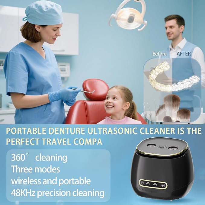 Ultrasonic Retainer Cleaner 48kHz Ultrasonic Cleaner Dental Ultrasonic Retainer Cleaner Machine Dental Cleaning Pod for Denture with Digital Timer, Dual Cleaning Mode for All Dental Appliances (Black)