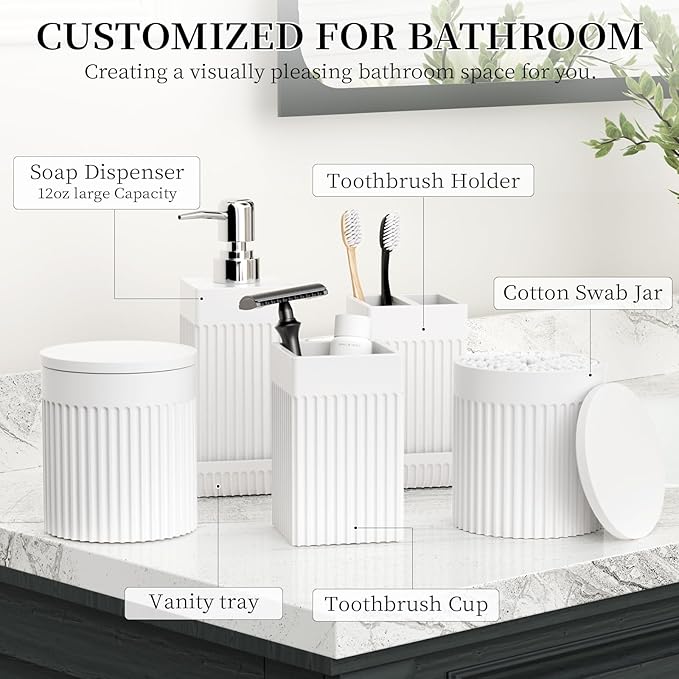 6-Piece White Bathroom Set - Modern Resin Bathroom Accessories Set with Soap Dispenser, Toothbrush Holder, Vanity Tray, Tumbler & Apothecary Jars for Small Spaces