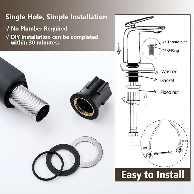 TOCALOCA Black Bathroom Sink Faucet, Matte Black, Modern Design, Single Handle, 1 Hole, Brass, Ceramic Disc Valve, Deck Mount, Aerated Non-Splashing Stream