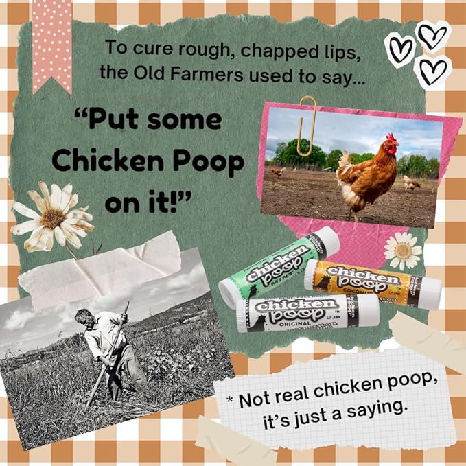 Chicken Poop® Lip Balm 100% Natural Moisturizer for Dry, Chapped Lips, 0.15 oz, (Original), Pack of 5