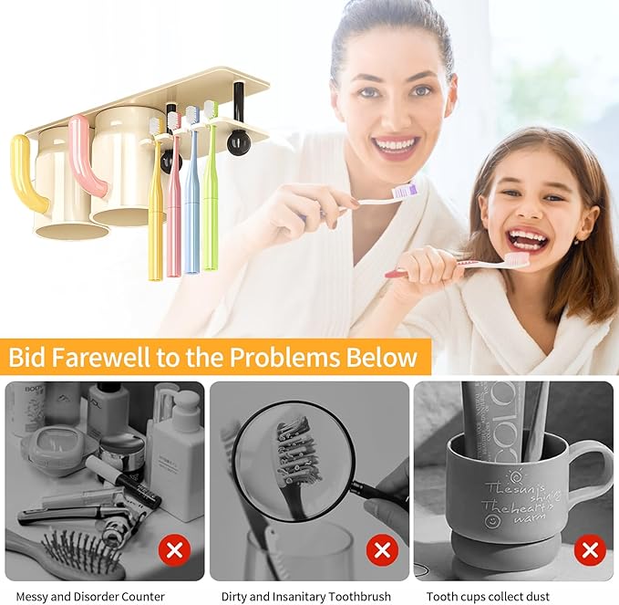 Inverted Magnetic Toothbrush Holder for Bathroom, Upside Down Toothbrush Cup Holder, with 2/3 Toothbrush Cups, No-Drill, Under-Cabinet Space-Saving, not Include Toothbrush (Two Cup)