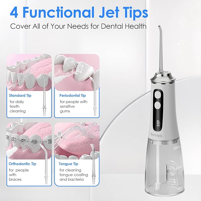 300ml Large Capacity Home Oral Irrigator 9 Modes Water Flosser with Adjustable Pressure for Gum Care/Breath Remover/Dentures (White)