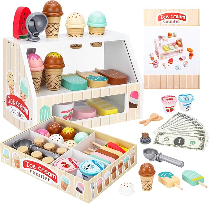 Wooden Ice Cream Toys for Kids Ice Cream Counter Shop for Toddlers Pretend Play Food Scoop and Serve with Scoop & Menu & Fake Money for Boys and Girls Ages 3 4 5 6 (Beige)