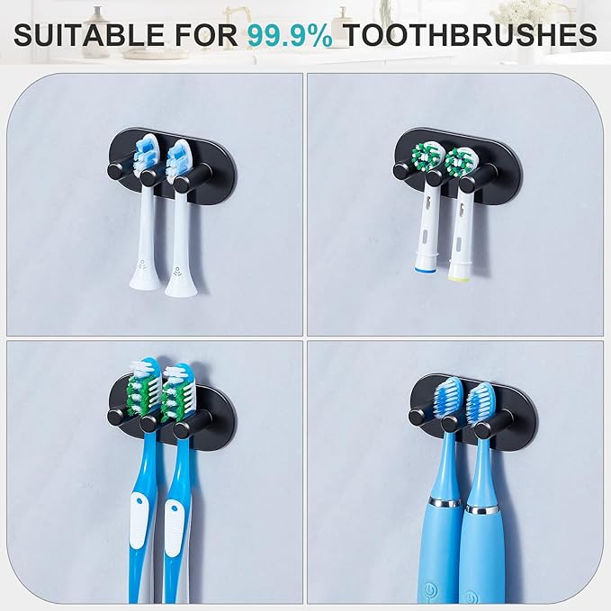 Electric Toothbrush Head Holder, Toothbrush Holders Wall Mounted, Adhesive Tooth Brush Head Holder Organiser, Electric Toothbrushs Holder, Shower Tooth Brushing Holder (Black, Small)