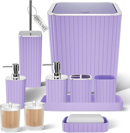 Bathroom Accessories Set - Gorgeous Purple Bathroom Set, 10PC Bathroom Accessory Set, Toilet Brush, Trash Can & Soap Dispenser