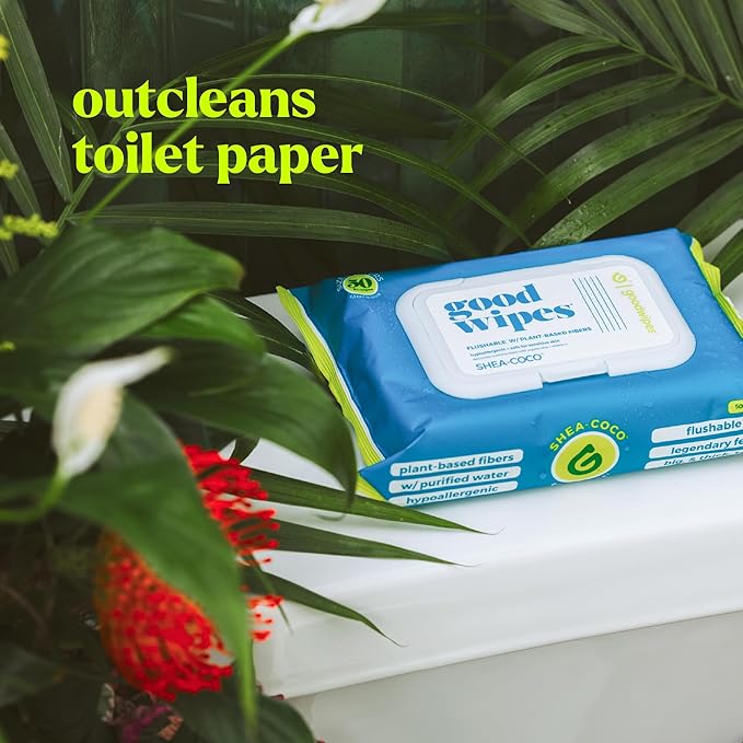 goodwipes Flushable Butt Wipes - Extra Large Adult Wet Wipes For Women & Men - Bathroom Essentials - Sewer & Septic Safe - Shea Coco & Botanical Bliss, 300 Count (6 Packs)