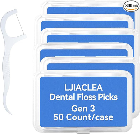 Dental Floss Picks with Built-in Toothpicks 300 Count White Non-Breakable Flossers Bulk 6 Travel Cases Family Pack for Deep Cleaning Plaque Removal and Gingiva Protection Gen 3