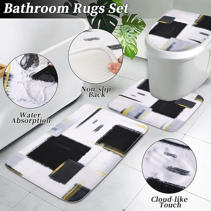 Bathroom Set - Black Bathroom Accessories Set, Bathroom Sets with Shower Curtain and Rugs, Black Shower Curtain Set with Bathroom Trash Can, Soap Dispenser, Soap Dish for Home Decor