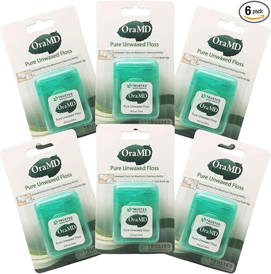 OraMD Oral Care Pure Unwaxed Dental Floss 54.6 Yards - PFOA-Free, Chemical Free, Shred Resistant - Unscented and Ultraclean Plaque Removal - Teeth and Gum Protection for Adults - Pack of 6