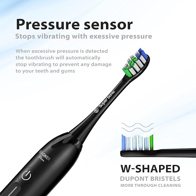 Wagner Stern Ultrasonic Electric Toothbrush - 5 Modes, Pressure Sensor, 8 Brush Heads & Travel Case