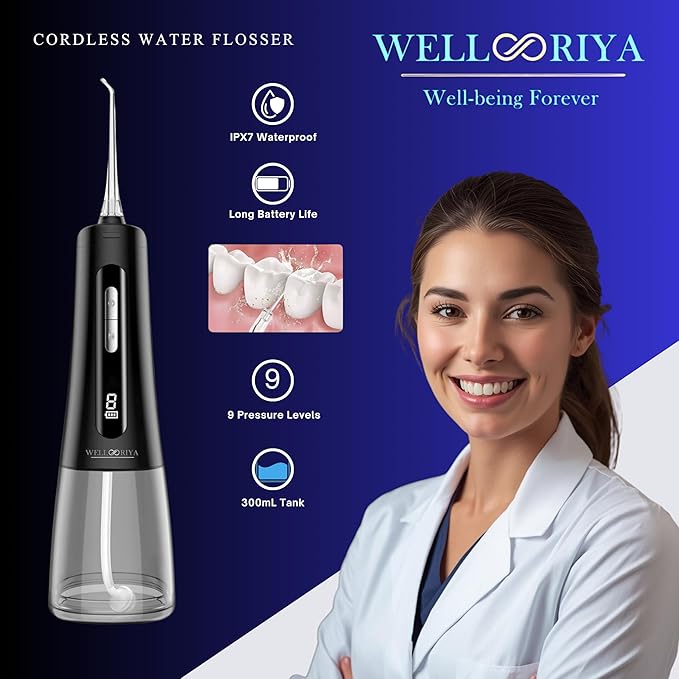 Cordless Water Flosser for Teeth – 300mL Large Tank, 9 Pressure Levels, LED Display, USB-C Rechargeable, IPX7 Waterproof Dental Oral Irrigator for Home & Travel (Black)