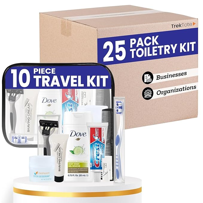 Trektote Bulk Hygiene Kit For Men And Women – (25 Pack) 10 Piece Set Of Travel Size Toiletries, TSA Compliant, Bulk Travel Essentials, Includes Shampoo And Conditioner, Body Wash, Toiletry Bag & More