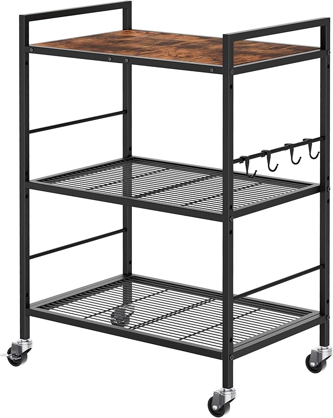 XIVIRACK 3-Tier Metal Storage Rack with Industrial Wheels,Mesh Shelving Unit with Wooden Table top,Adjustable Shelf,23.6-Inch Width,15.8-Inch Depth, for Kitchen, Laundry,Pantry,Plant,Black