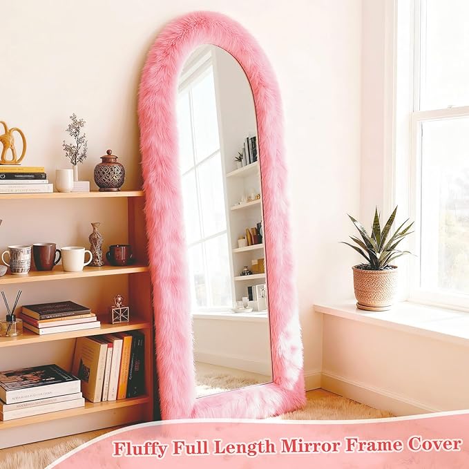 Fluffy Full Length Mirror Cover Universal Ultra Soft Non-Slip Border with Adhesive Tape Pink Fuzzy Frame Decor for Standing Mirror Bedroom Cloakroom Home Decor Women Gifts (pink, 59x16 inches)