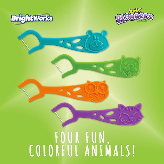 Kids’ Grape-Flavored Dental Flossers, Colorful Animals add Fun to Support Healthy Habits, Easy-Grip Handle and Fluoride-Coated Floss, Pack of 3 x 75 Pieces
