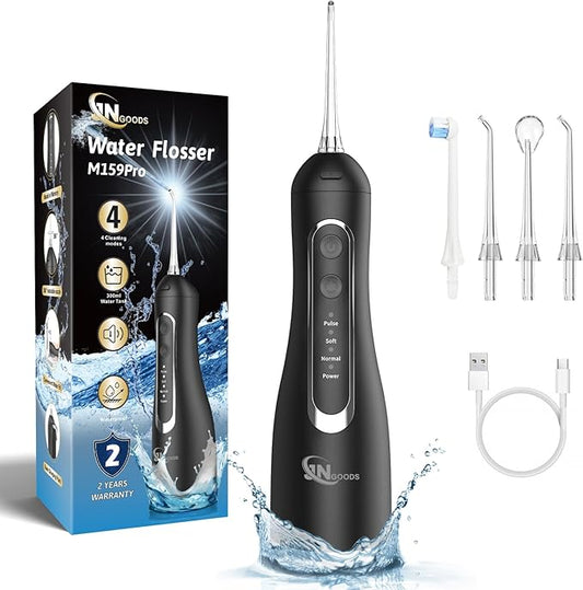 Cordless Water Dental Flosser Oral irrigator,JNGOODS 300ml Rechargeable Water flosser for Teeth IPX7 Waterproof 4 Modes Portable Oral Irrigator with 4 Jet Tips, Travel Home use