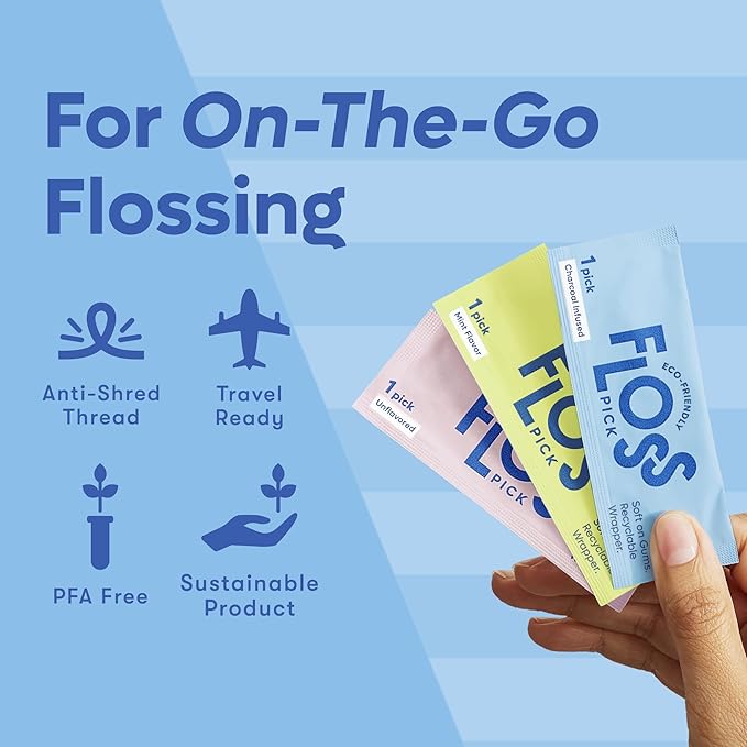 Individually Wrapped Dental Floss Picks (50ct) - Eco-Friendly Flosser Handle Made with Straw Wheat Blend | Great for Travel | PFA Free | Toothpick Stick Soft On Gums & Teeth | Vegan | Mint