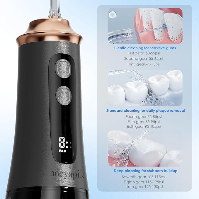 300ml Large Capacity Home Oral Irrigator 9 Modes Water Flosser with Adjustable Pressure for Gum Care/Breath Remover/Dentures (Black&Gold)