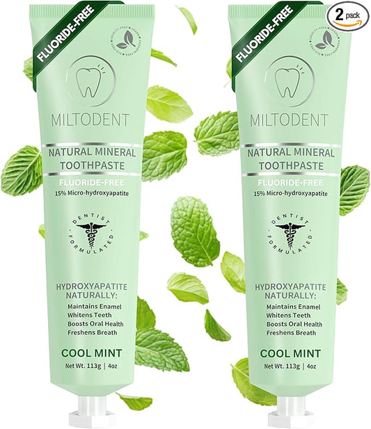 MILTODENT Premium Hydroxyapatite Toothpaste –15% Micro-Hydroxyapatite | Fluoride-Free, Best Taste, Foam-Free, Natural Mineralizing| Safe Alternative to Nano-Hydroxyapatite | SLS-Free & Natural - 2Pack