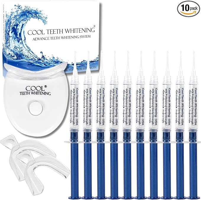 Teeth Whitening Kit 10 Syringes Strongest 44% Carbamide Peroxide Vegan Teeth Whitening Gel, Light and Teeth Bleaching Trays Included