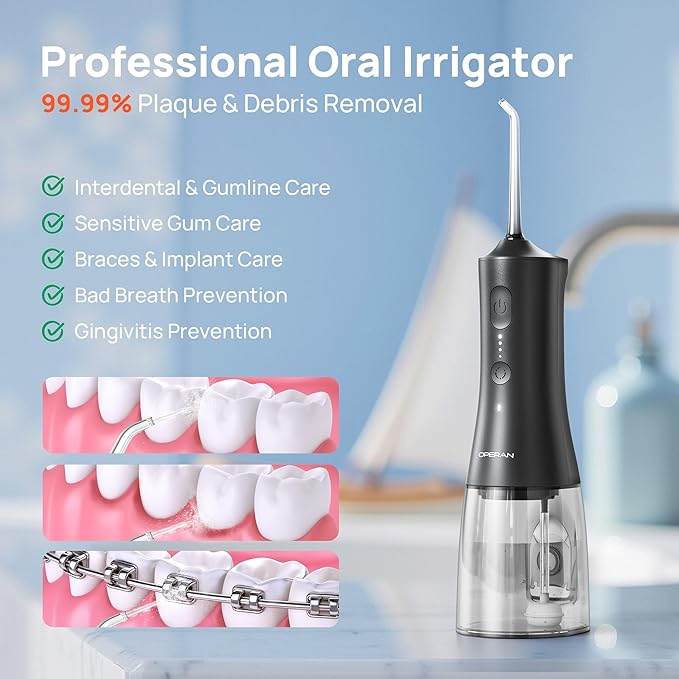 Operan Cordless Water Flossers for Teeth, 300ML Rechargeable Oral Irrigator with 4 Modes & 4 Nozzles, Portable Water Flossers for Adults, IPX7 Waterproof for Home and Travel, Black，01Pack