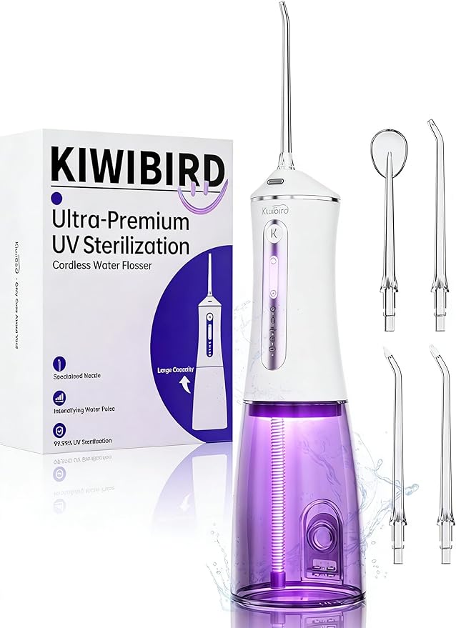 KIWIBIRD Water Dental Flosser Cordless with UVC Light, 3 Modes Portable Oral Irrigator, IPX7 Waterproof, 300ML Tank, Electric Teeth Cleaner for Tonsil Stones, Home & Travel Use (Black & White)