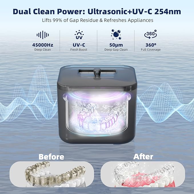 Ultrasonic Retainer Cleaner Machine, Denture Cleaner, All-in-One Dental & Jewelry Cleaner for Aligners, Night Guards, Dentures, Braces, Mouth Guards, Toothbrush Heads, 45kHz, 200ML, Dual Modes