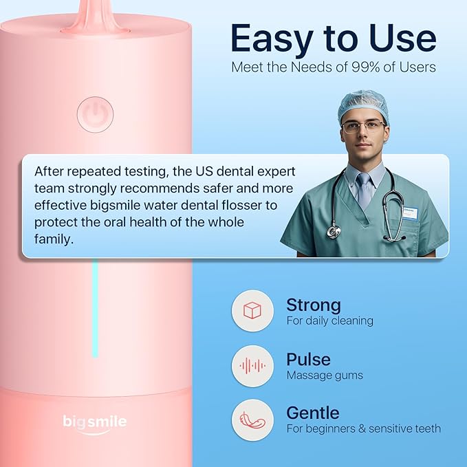 Bigsmile Water Flosser for Teeth, Electric Oral Irrigator, Cordless Water Flosser, USB Rechargeable, IPX7 Waterproof, Effectively Maintain Oral Cleanliness and Health (Pink)
