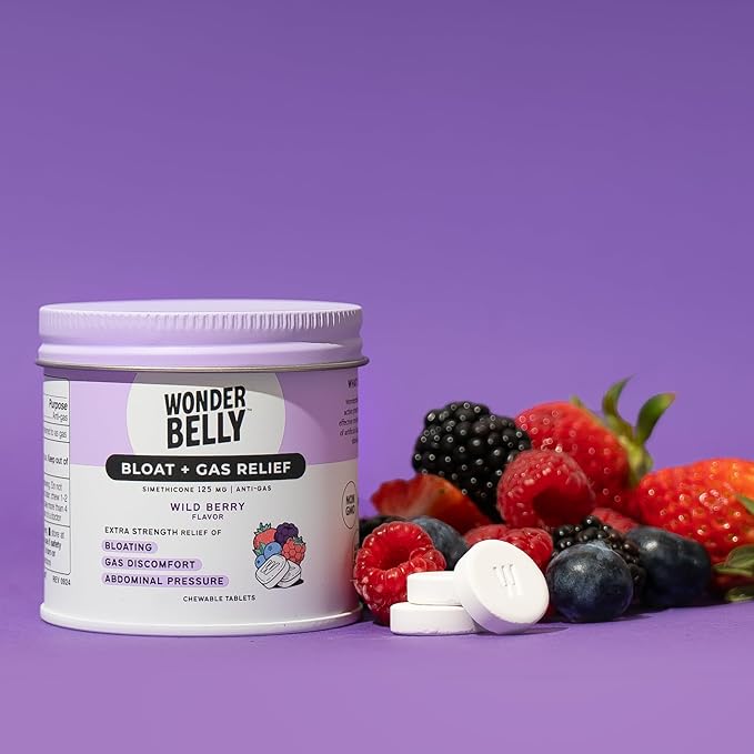 Wonderbelly Bloat Gas Relief Extra Strength Chewable Tablets with 125 mg Simethicone No Talc or Dye Wild Berry 35 Count