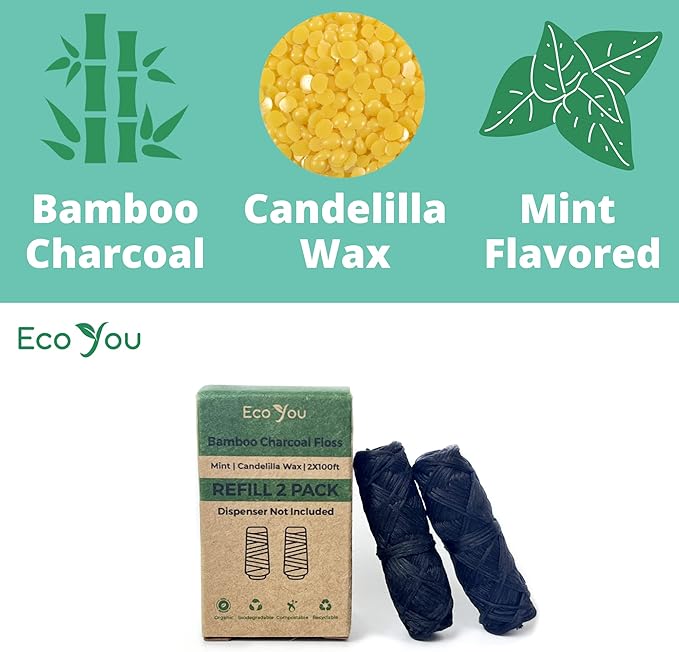 Bamboo Charcoal Dental Floss | Mint & Candelilla Wax | Vegan & Biodegradable (2 Refills Pack)