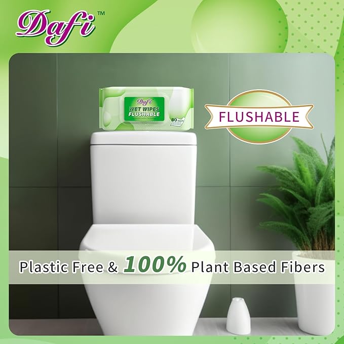 DAFI Flushable Wipes for Adult Wet Wipes,80 Count Unscented Toilet Wipes Flushable, No Alcohol & 100% Plant Based Fibers, Septic and Sewer Safe pack of 1