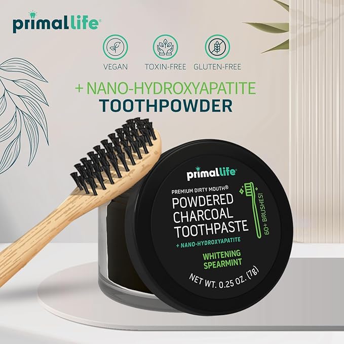 Primal Life Organics - Dirty Mouth Toothpowder, Activated Charcoal Tooth Cleaning Powder, Essential Oils with Kaolin & Bentonite Clay, 200+ Brushings, Organic, Vegan (Black Spearmint, 0.25 oz)