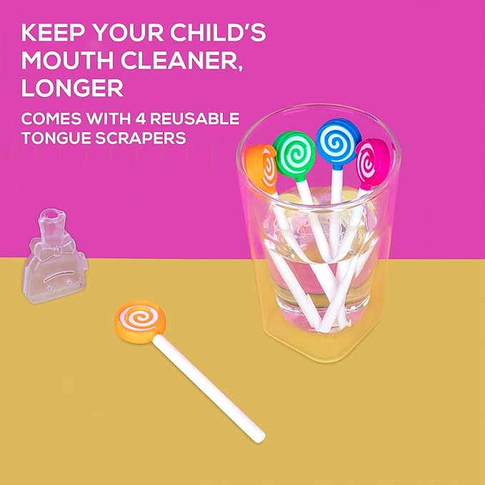 Kids Tongue Scraper or Cleaner Set – BPA-Free Plastic Dental Scrapers Helps Freshen Bad Breath, Remove Gunk – Multicolored with Easy-to-Grasp Handles and Brush Covers by 55Dental, Ages 2+ (Orange)