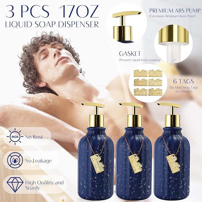 17PCS Bathroom Accessory Set Bathroom Set Navy Blue Bathroom Accessories,Toilet Brush, Trash Can, Qtip Holder Dispenser& 3PCS Soap Dispenser