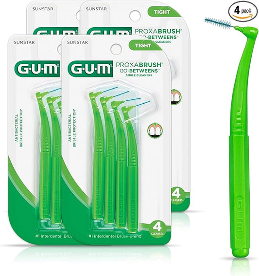 GUM Proxabrush Go-Betweens - Angled- Interdental Brushes - Soft Bristled Dental Picks for Plaque Removal Health - Safe for Braces & Dental Devices, 4 Count (Pack of 4)