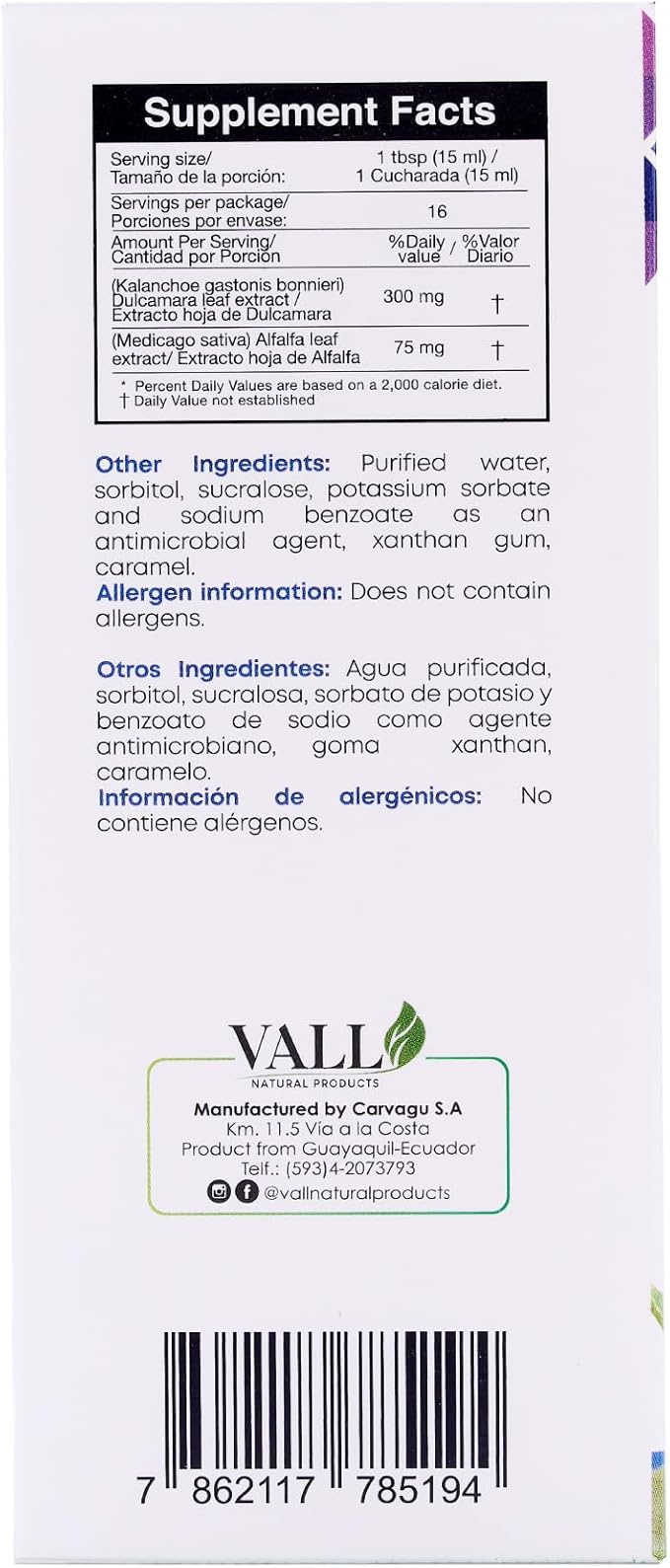 Vall-Inmunolive - Alfalfa and Dulcamara Oral Solution - 8 fl oz (240 ml) Bottle - Natural Dulcamara & Alfalfa Extract antioxidant Support - Measured Liquid dose with 24 Month Shelf Life
