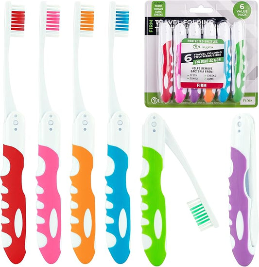 Portable Travel Toothbrush Kit - Built-in Cover, Folding, Collapsible for Hiking, Camping, Traveling - 6 Pack Firm Multicolor