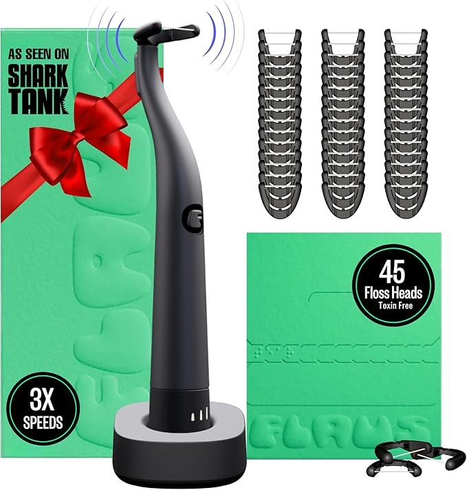 FLAUS Electric Flosser (Shark Tank) 3 Speeds + 45 Refill Heads w/Extra Strong Woven Floss, Increased Durability - Water Flosser Alternative, Dentist Recommended Tooth Flossers, Eco Dental Floss Picks